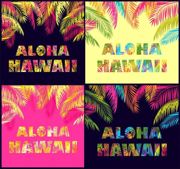 Variación Letras Aloha Hawaii Con Hojas Palma Colores Para Estampados — Vector de stock
