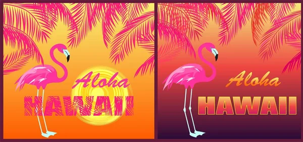 面白い シャツ プリント アロハ ハワイ レタリング フラミンゴ 太陽とオレンジとピンクのシュロの葉のシルエット — ストックベクタ