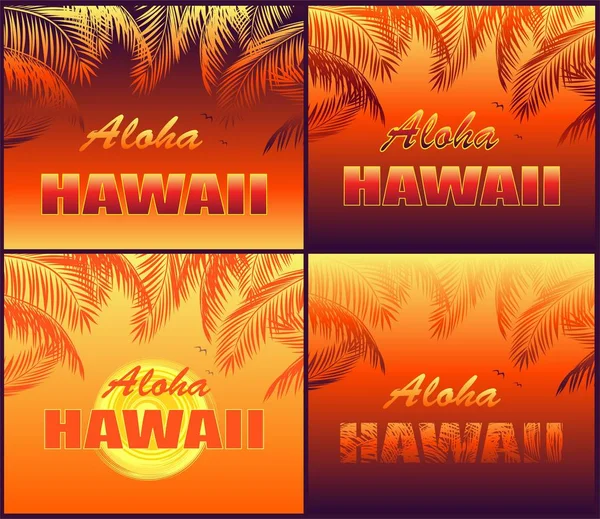 T gömlek sıcak tropikal set yazı, martı, sun, sunset ve turuncu palmiye yaprakları siluetleri Aloha Hawaii ile yazdırır.