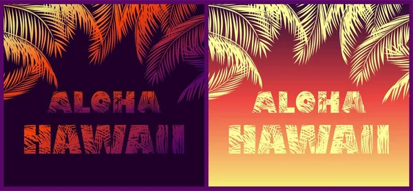 Tropická Neon Pozadí Květinovými Nápis Aloha Hawaii Palm Listy Siluety — Stockový vektor