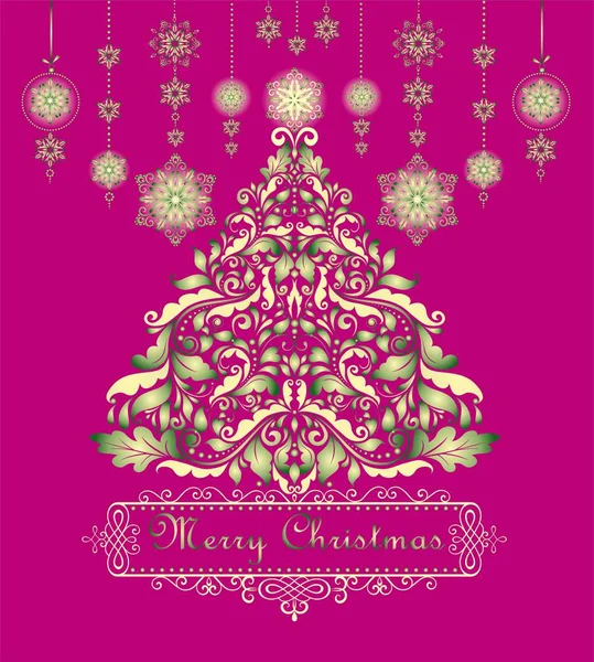 Weihnachtsgrußkarte Mit Goldenem Weihnachtsbaum Und Hängender Dekoration Mit Schneeseen — Stockvektor