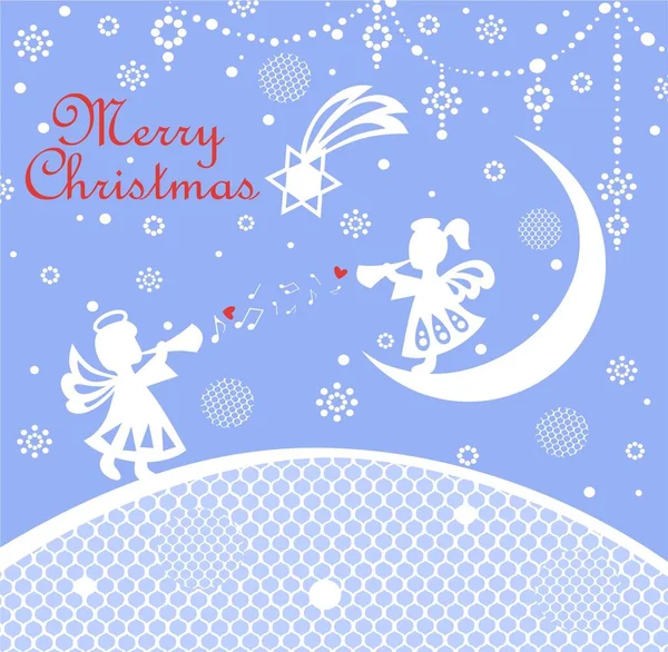 Pastel Blue Naive Childish Xmas Greeting Card Paper Cutting Little — Stock Vector