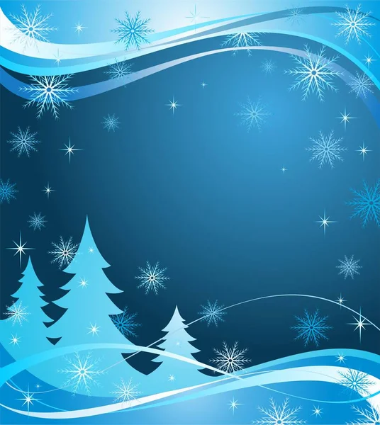 Téli Absztrakt Kék Banner Fenyők Csillagok Hópelyhek — Stock Vector
