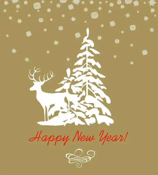 Golden Greeting Winter Holidays Paper White Applique Reindeer Snowy Firs — Stock Vector