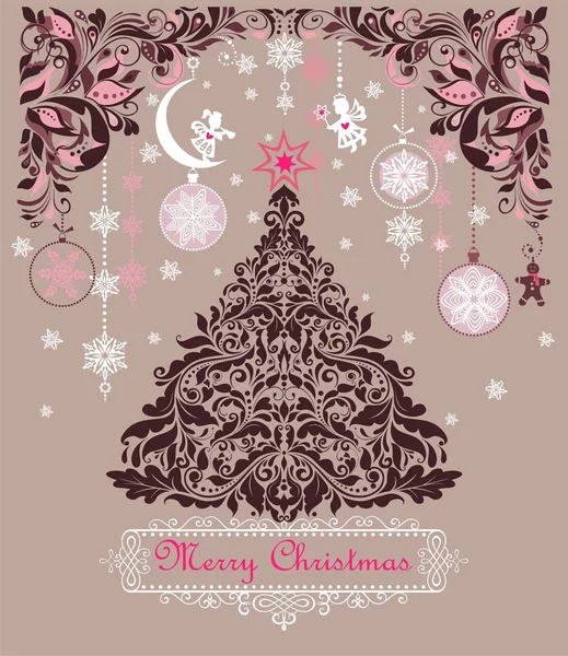 Ornate Vintage Sweet Christmas Greeting Card Floral Decorative Paper Cut — Stock Vector