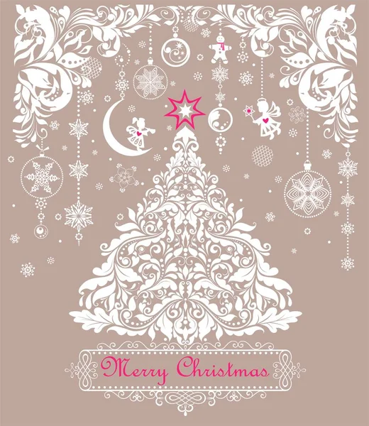 Carte Vœux Pastel Vintage Noël Avec Coupe Papier Sapin Blanc — Image vectorielle