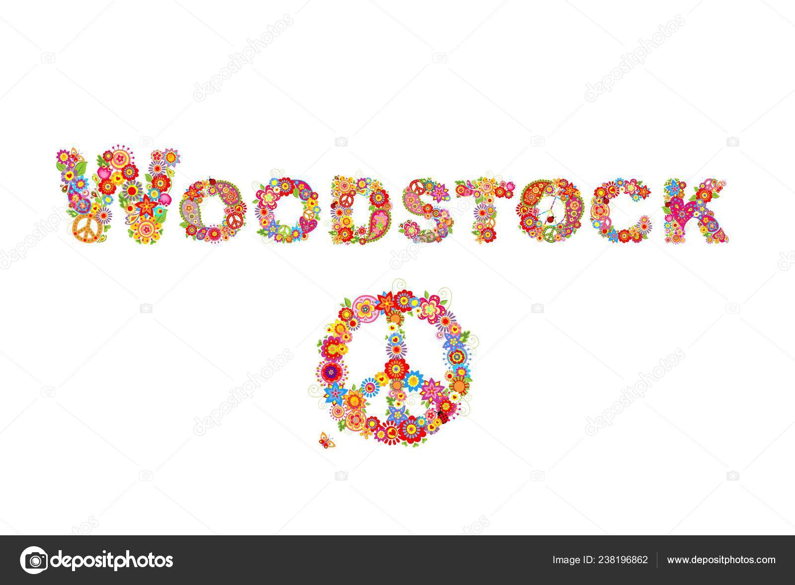 Fleurs Colorées Woodstock Lettrage Symbole Paix Hippie Avec
