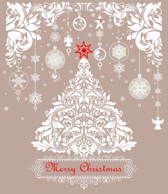 Kağıt kesme xmas çiçek beyaz ağaç, çiçek süsleme ve kar taneleri, zencefilli çörek ve melekler ile dekorasyon asılı vintage noel pastel tebrik kartı