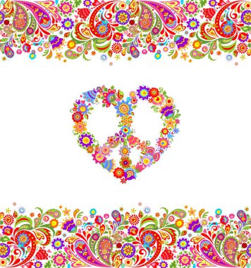 Fashion design with colorful floral summery seamless border and hippie peace flowers symbol for shirt print and party poster