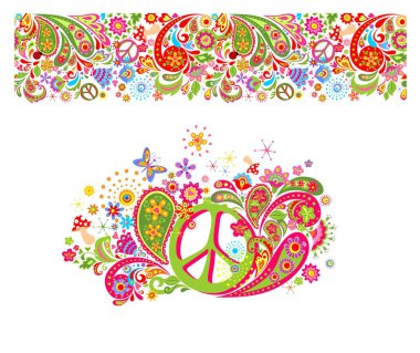 Shirt print with hippie peace symbol with colorful flowers, fly agaric, paisley and seamless pattern