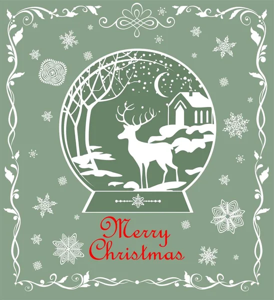 Greeting Vintage Christmas Light Green Card Decorative Frame Paper Cut — Wektor stockowy