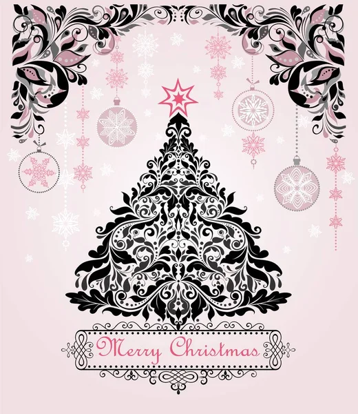 Tarjeta Postal Felicitación Navidad Vintage Con Árbol Decorativo Floral Navidad — Vector de stock