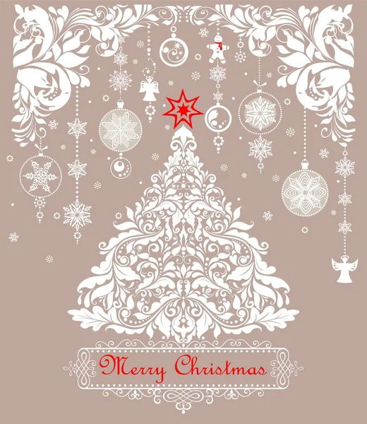 Vintage Christmas Pastel Greeting Card Paper Cutting Xmas Floral White — Stock Vector