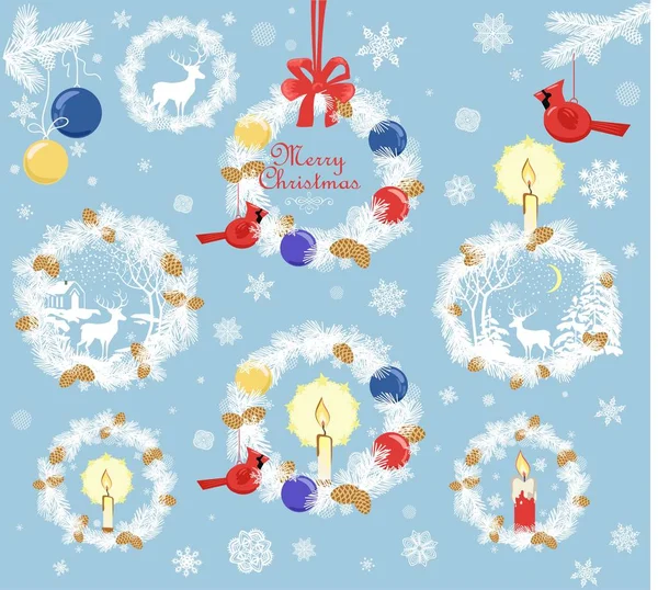 コレクション紙カット針葉樹枝 コーン ろうそく 北の枢機卿の鳥のおもちゃとボール紙の雪をぶら下げ トナカイとクリスマスの花輪 — ストックベクタ