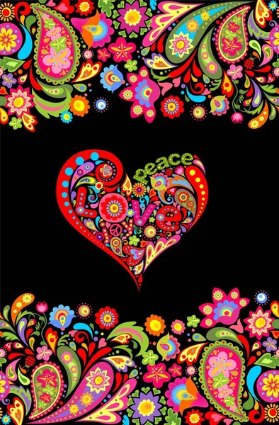 Hippie 恤印花与五颜六色的花朵无缝边框和花卉心形与和平 喜悦字黑色背景 — 图库矢量图片