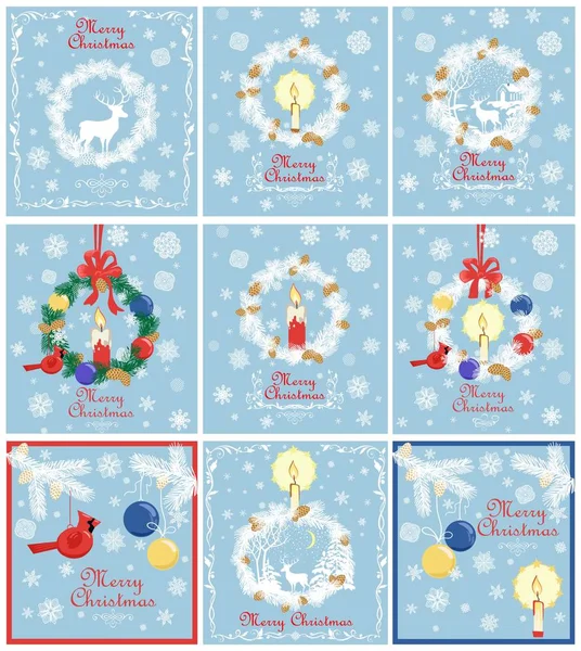 复古柔和蓝色圣诞卡收集冬季假日用纸切下圣诞花环与针叶树分枝 悬挂北方主要鸟类玩具和球 — 图库矢量图片