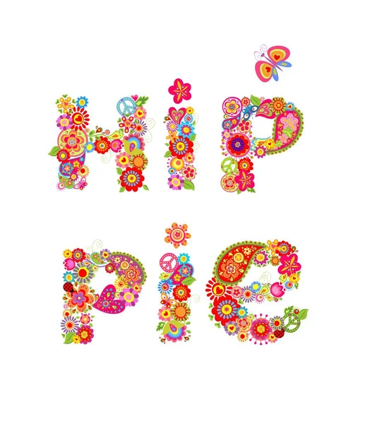 Impressão Letras Hippie Colorido Com Flores Abstratas Coloridas Símbolo Paz —  Vetores de Stock