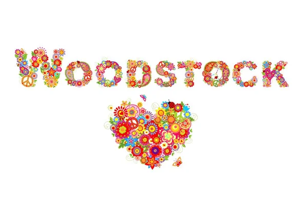 Färgglada Woodstock Blommor Bokstäver Och Hjärta Form Med Flower Power — Stock vektor