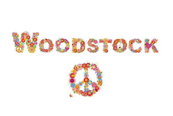 Colorato Woodstock Fiori Lettering Hippie Simbolo Pace Con Potere Del — Vettoriale Stock