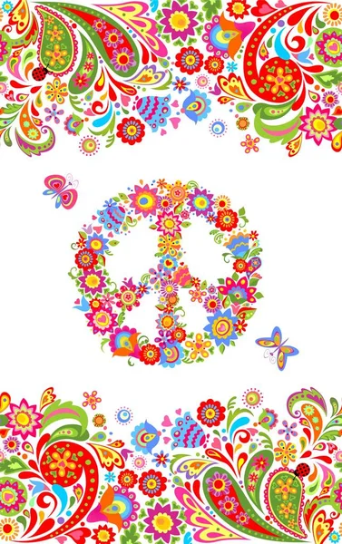 Moda Kolorowy Kwiatowy Letni Bezszwowe Granica Hippie Kwiaty Symbol Pokoju — Wektor stockowy