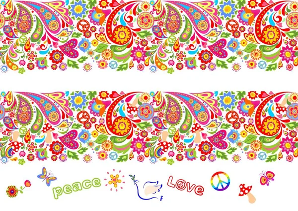 Élénk Virágos Színes Határok Zökkenőmentes Hippi Szimbólum Flower Power Légyölő — Stock Vector