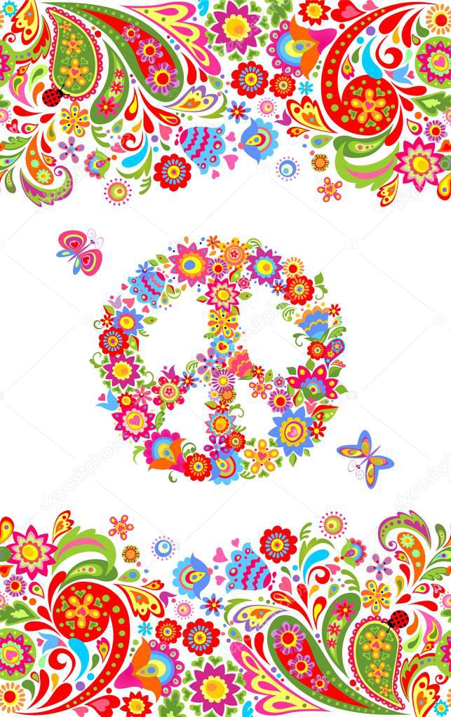 Fashion print with colorful floral summery seamless border and hippie peace flowers symbol for shirt design and hippy party poster