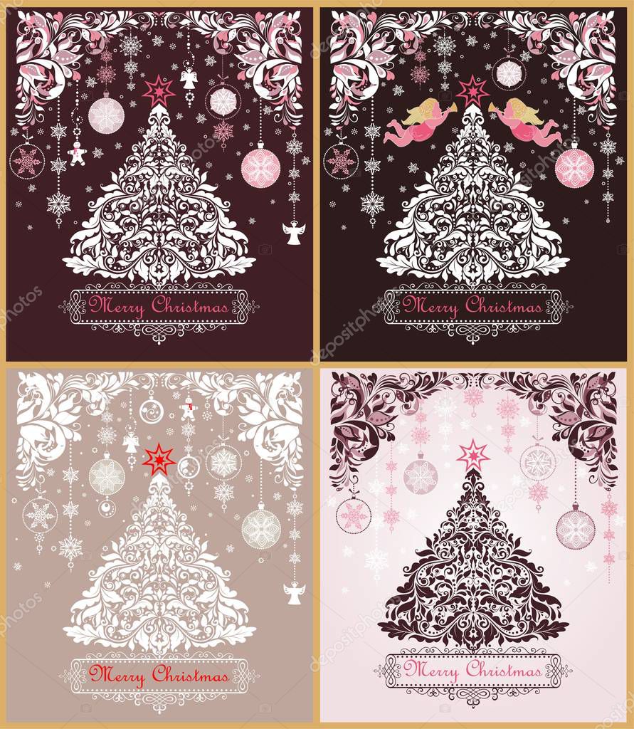 Ornate vintage Christmas greeting sweet cards variation with floral decorative paper cut out border, xmas tree, pink angels and hanging decoration with snowflakes and gingerbread