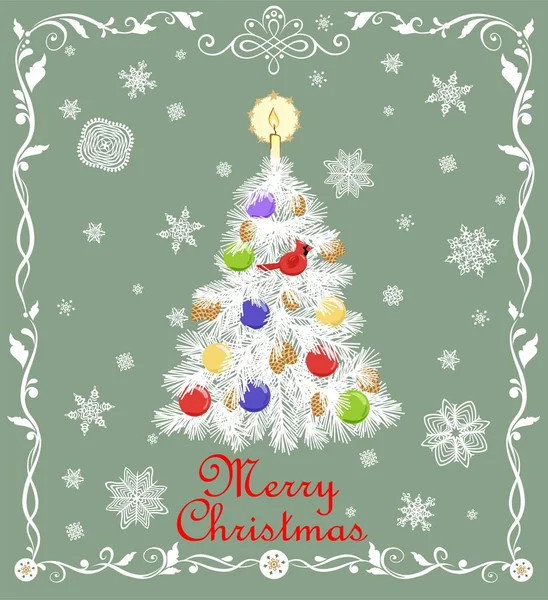 节日期间用纸摘下圣诞树 挂北方主要红鸟玩具和纸手工雪花的优惠绿卡 — 图库矢量图片