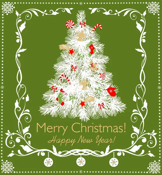 剪纸圣诞白树与糖果 星星和姜饼 纸手工制作的雪花和装饰花卉框架 寒假贺卡 — 图库矢量图片