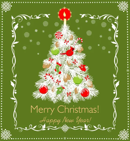 赤い緑のおもちゃと黄金のろうそく 紙手作り雪花に飾り枠と紙加工ホワイト クリスマス ツリー 冬の休日のグリーティング カード — ストックベクタ