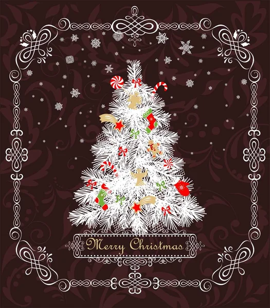Vintage Ευχετήρια Κάρτα Χαρτοκοπτικα Χριστούγεννα Λευκό Δέντρο Κόκκινα Πράσινα Και — Διανυσματικό Αρχείο