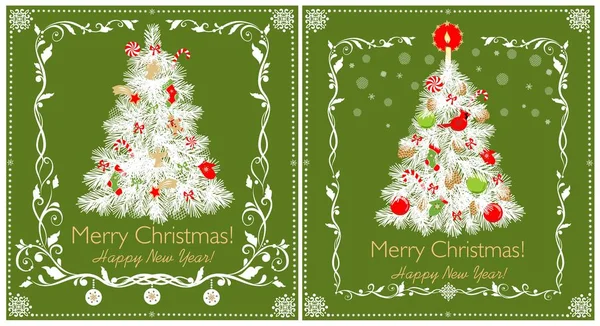Χαιρετισμό Πράσινες Κάρτες Για Χειμερινές Διακοπές Χαρτοκοπτικα Χριστούγεννα Λευκό Δέντρο — Διανυσματικό Αρχείο
