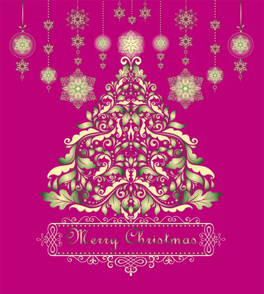 Carte Vintage Voeux Noël Avec Sapin Noël Doré Décoration Suspendue — Image vectorielle