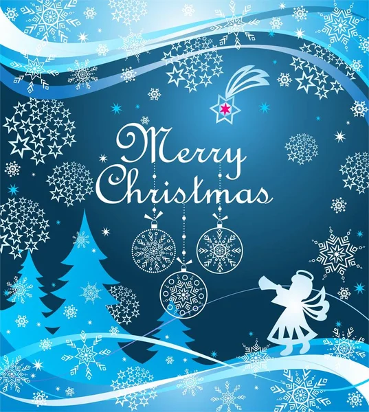 Zauber Weihnachtsgruß Blaues Banner Mit Papierschnitt Kleiner Engel Schneeflocken Tannen — Stockvektor