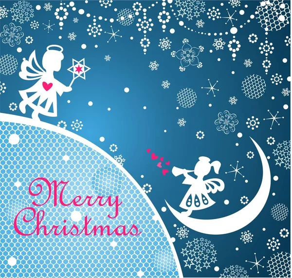 Zauberhafte Weihnachtsgrußkarte Mit Kleinen Engelchen Schneeflocken Spitze Und Weihnachtsstern — Stockvektor
