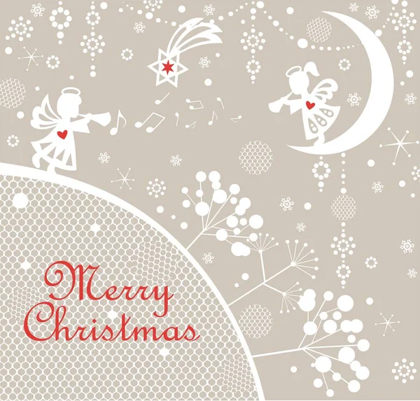 Pastell Naive Kindliche Weihnachtsgrußkarte Mit Papierschnitt Engelchen Winterbaum Silhouetten Schneeflocken — Stockvektor