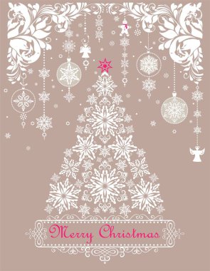 Dekorasyon, çiçek arch ve Xmas ağacı kağıt kesme kar taneleri ile asma güzel Noel pastel zanaat kartpostal