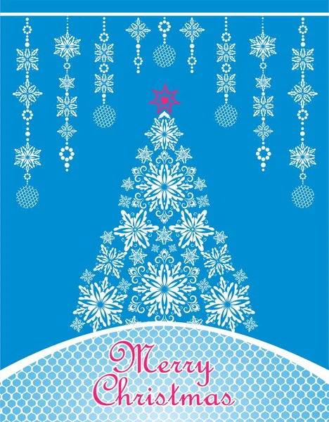 Schöne Weihnachtliches Basteln Blaue Grußkarte Mit Hängender Dekoration Und Weihnachtsbaum — Stockvektor