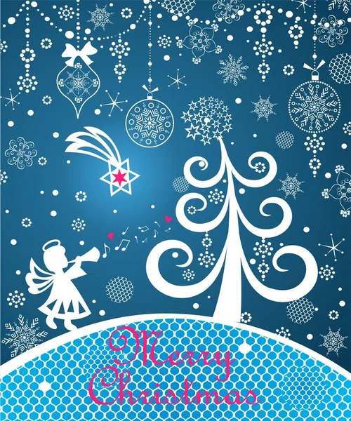 Zauberhafte Weihnachtsgrußkarte Mit Lustigem Weihnachtsbaum Papierschneideengel Und Weihnachtsstern Schneeflocken Hängenden — Stockvektor