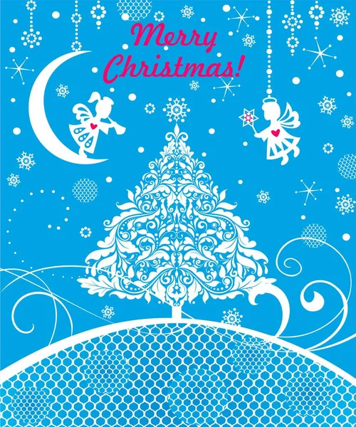 Basteln Blaue Weihnachtsgrußkarte Mit Papierschnittengel Schneeflocken Weihnachtsbaum Und Weihnachtsstern — Stockvektor