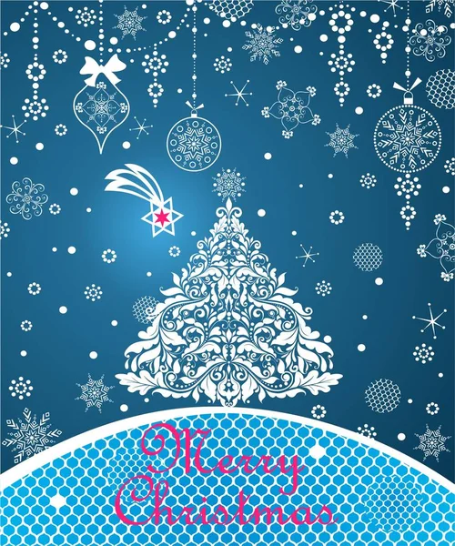 Zauberhafte Weihnachtsgrüße Blaue Karte Mit Papier Schneiden Floralen Weihnachtsbaum Schneeflocken — Stockvektor