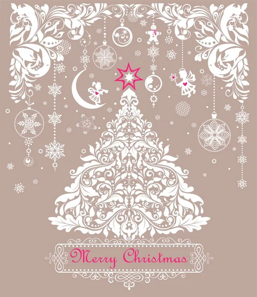 Vintage Christmas Pastel Greeting Card Paper Cutting Xmas Floral White — Stock Vector