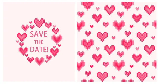テキスト 日付の保存 抽象的なピンク ハート ビネットとバレンタインの日と結婚式のデザインのためのシームレスな壁紙とグリーティング カード — ストックベクタ