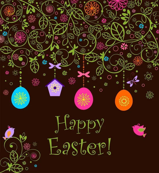美丽的复活节装饰贺卡与钩针蕾丝装饰 挂鸡蛋 依偎盒和有趣的小鸟 — 图库矢量图片