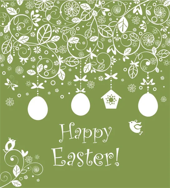 美丽的复活节装饰橄榄绿贺卡与钩针蕾丝装饰 挂鸡蛋 依偎盒和有趣的小鸟 — 图库矢量图片