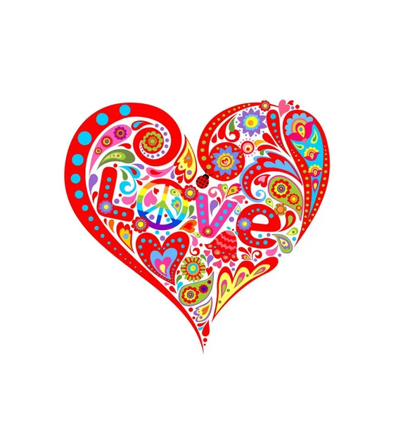 Barevné Abstraktní Květinové Srdce Tvar Červený Tulipán Beruška Hippie Symbol — Stockový vektor