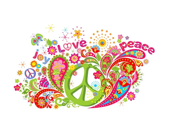 Psychedelic Colorful Print Hippie Peace Symbol Flower Power Love Peace — Stock Vector