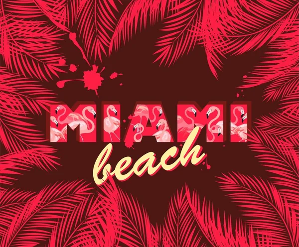 Shirt Stampa Con Palmo Rosa Caldo Foglie Cornice Miami Spiaggia — Vettoriale Stock