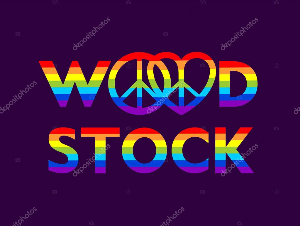Woodstock colorful lettering and hippie peace symbols with rainbow for t shirt print, party poster, bag and other design on dark purple background