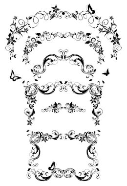 Vintage çiçek dekoratif arch, çerçevesi, üstbilgi ve vignette koleksiyonu. Düğün töreni, butik, doğum günü partisi için siyah ve beyaz tasarım